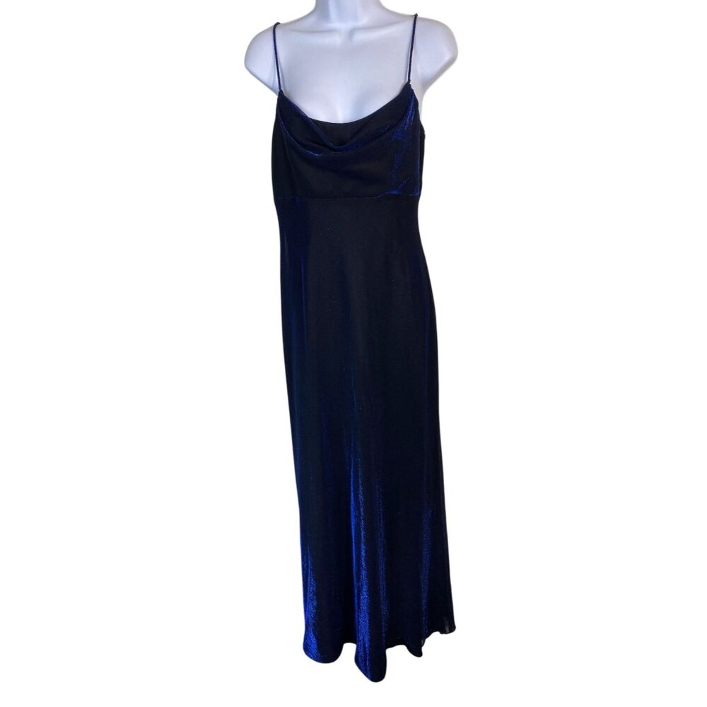 Vintage Betsy & Adam Evening Gown Womens Size 10 Blue 90s Y2K Cowl Neck Shimmer